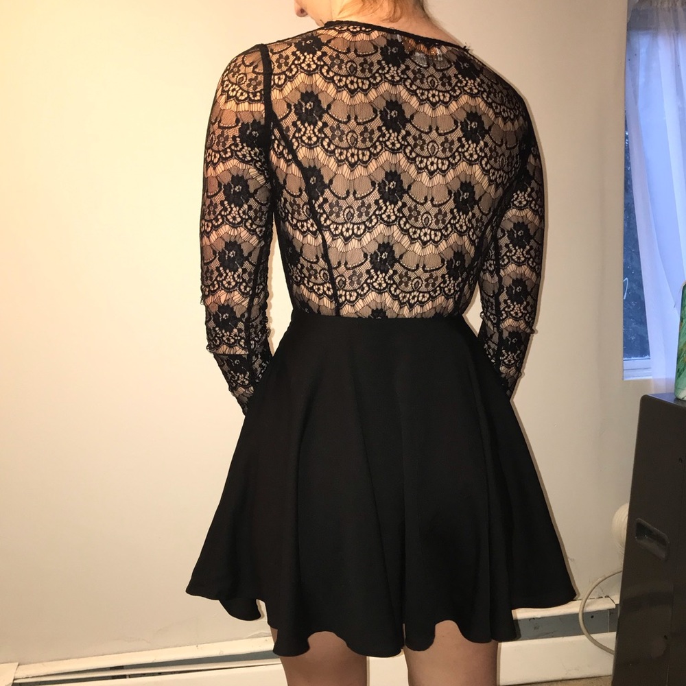 V-Neck black lace flare dress